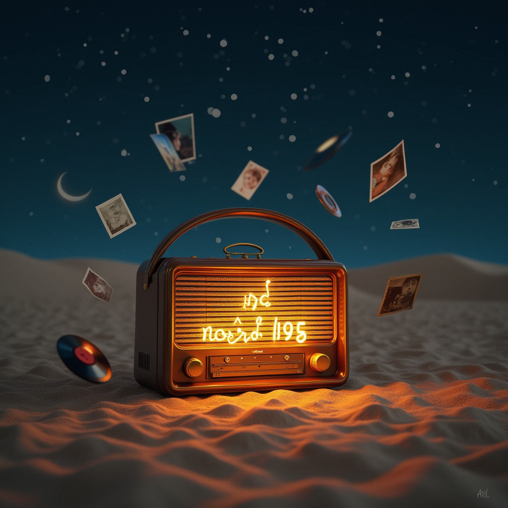 Antique Radio Glows in Starry Desert, Surreal Art