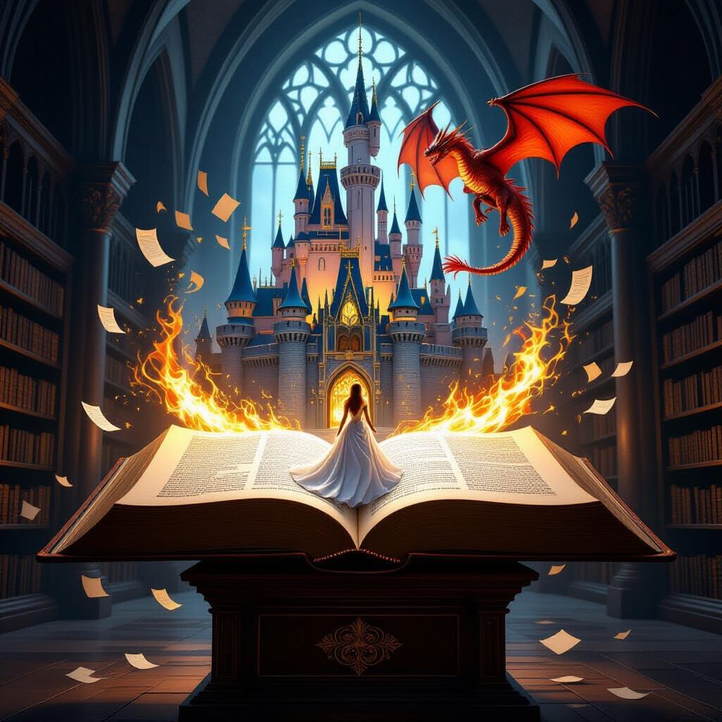 Majestic Castle Emerges From Glowing Book With Dragon