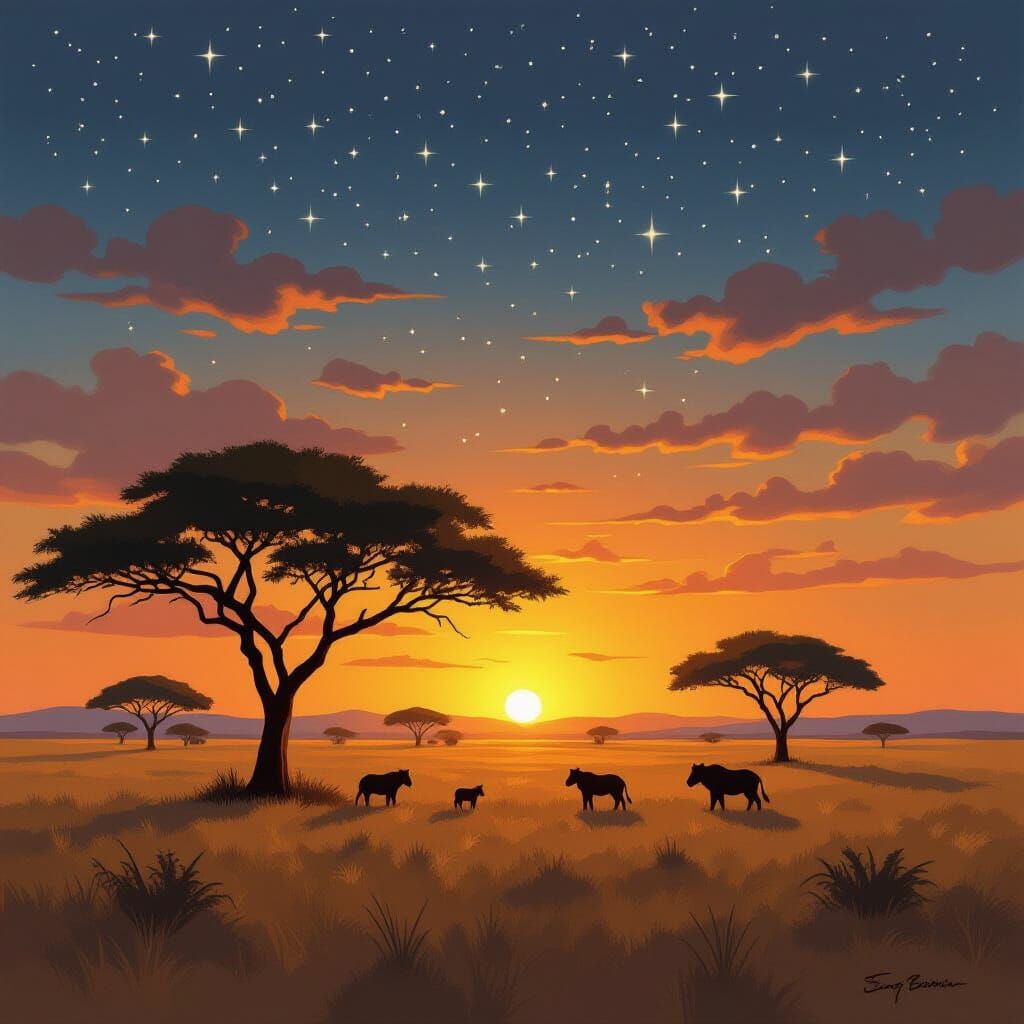African Savannah at Dusk in Impressionist Style