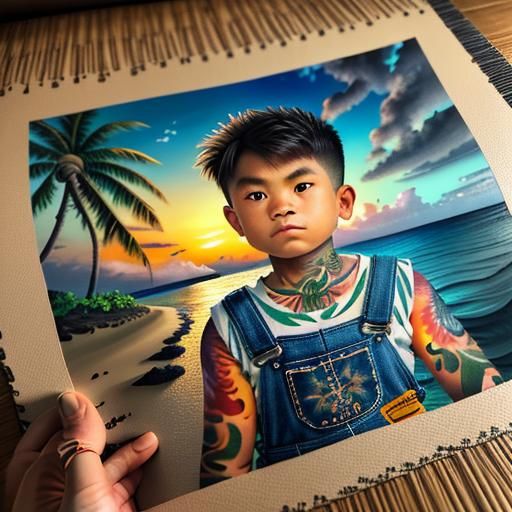 Young Boy with Hawaiian Map Tattoo: Photorealistic Portrait