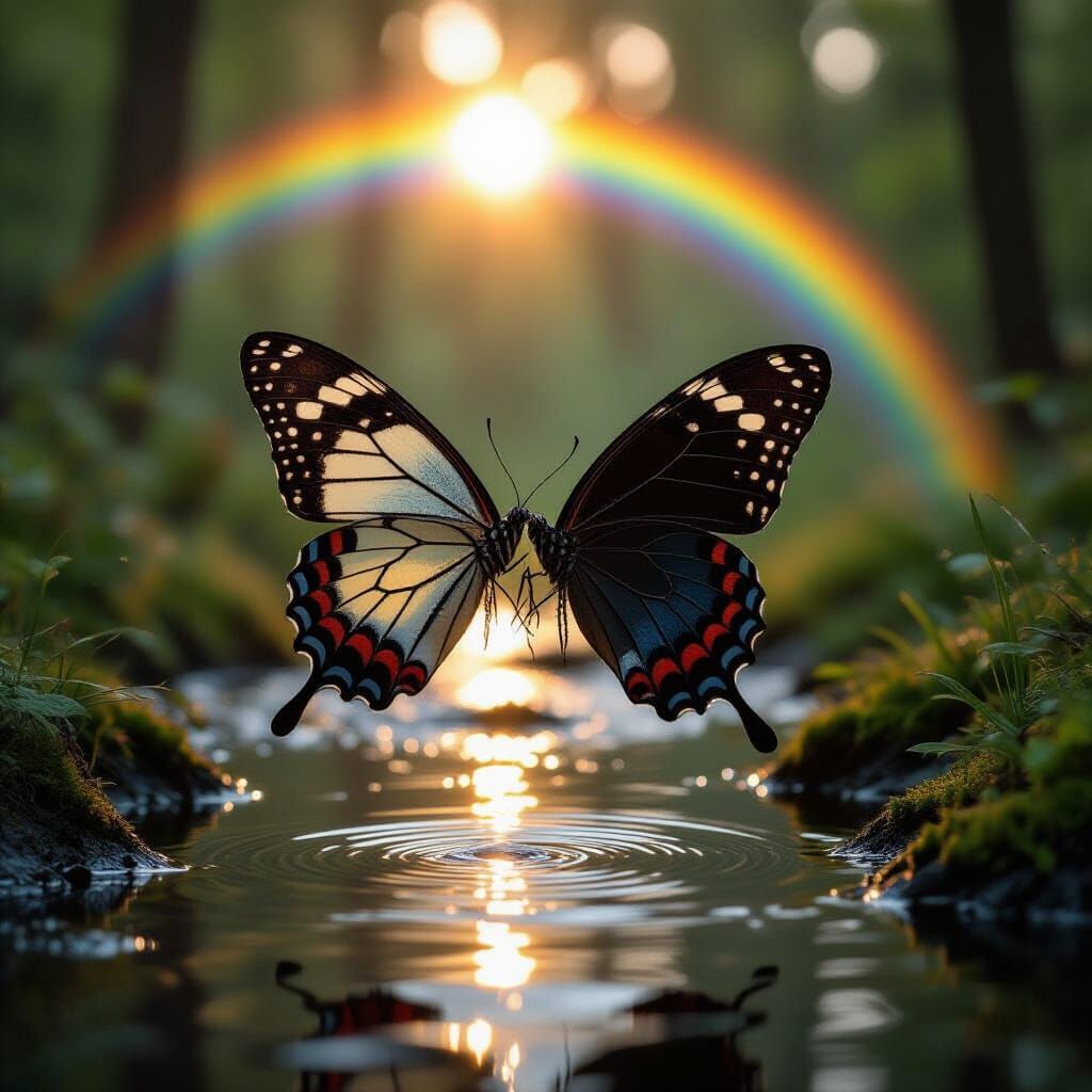 Butterfly Over Stream at Sunset with Rainbow