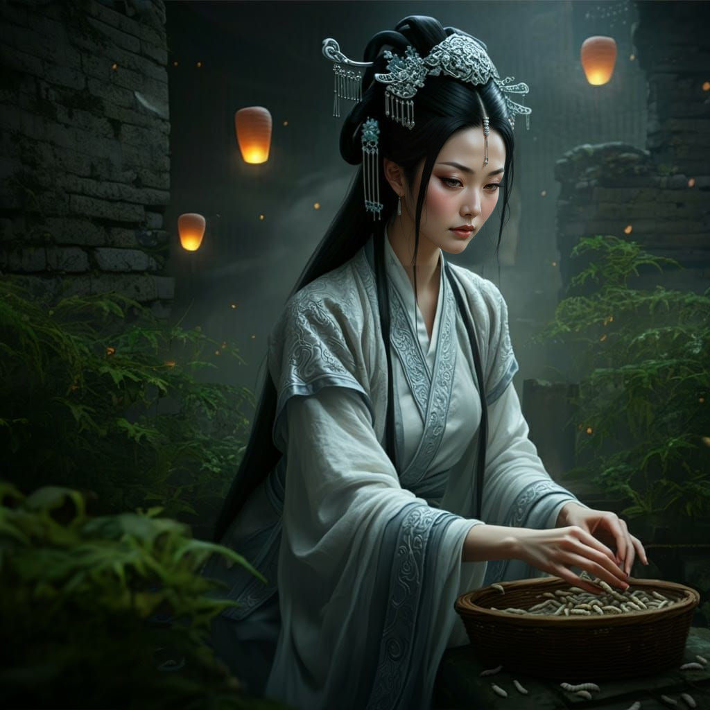Ethereal Silkworm Goddess in Tang Dynasty Regalia
