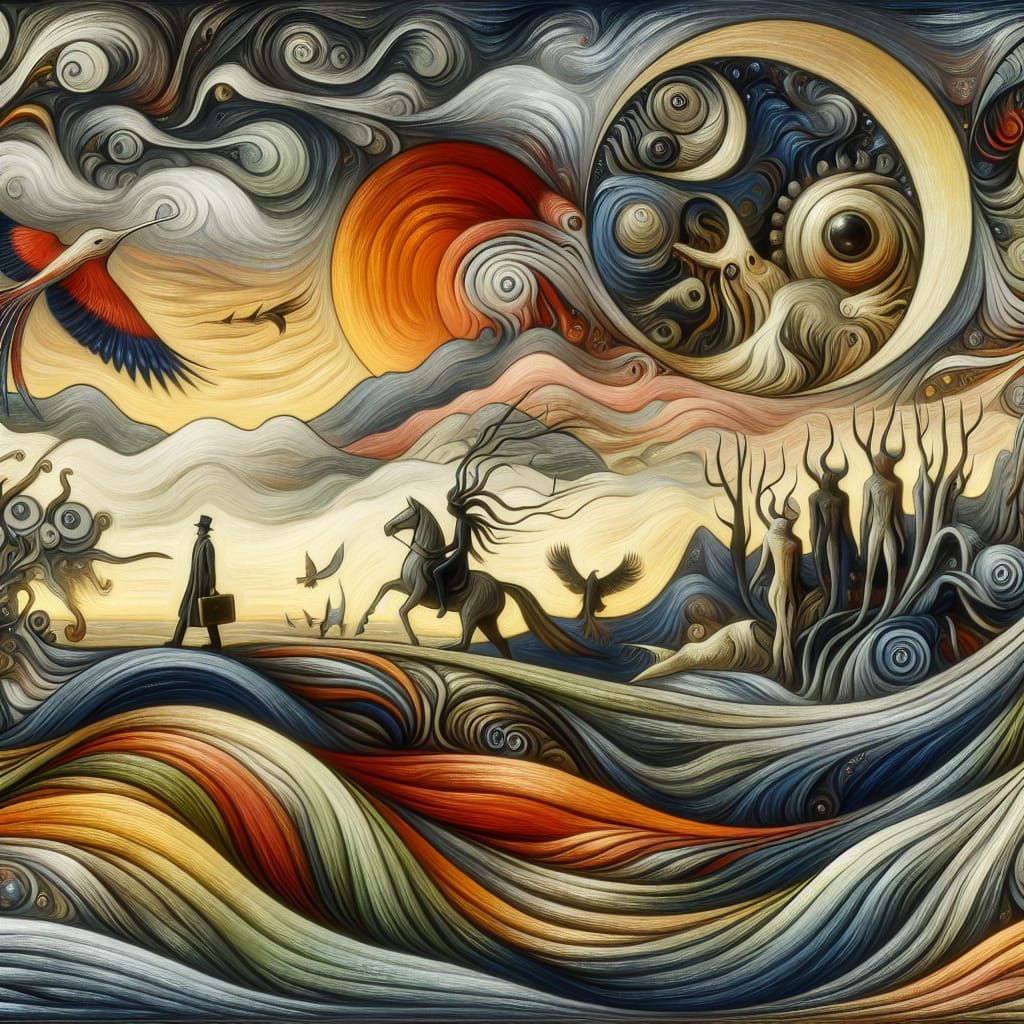 Surreal Naive Art Landscape with Wildlife and Human Figures