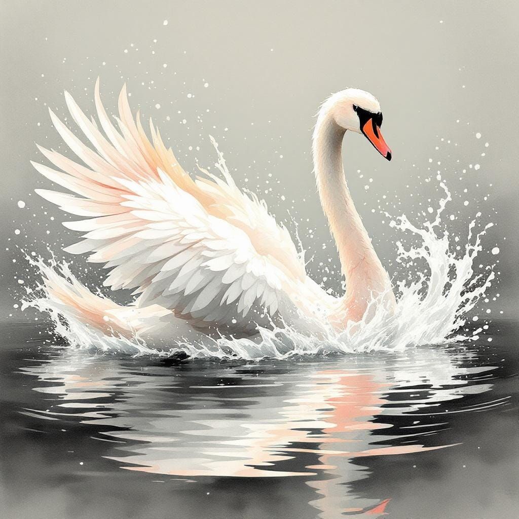Elegant Swan Splashing Water in Watercolor Style