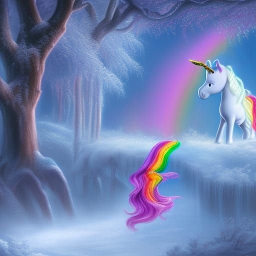 Unicorn and Fairy Magic in Winter Wonderland Oil Painting