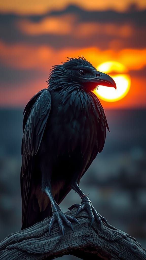 Biomechanical Crow in Sunset Light, Hyperrealistic