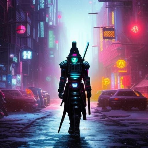 Bioluminescent Mech Samurai Warrior in Biopunk City