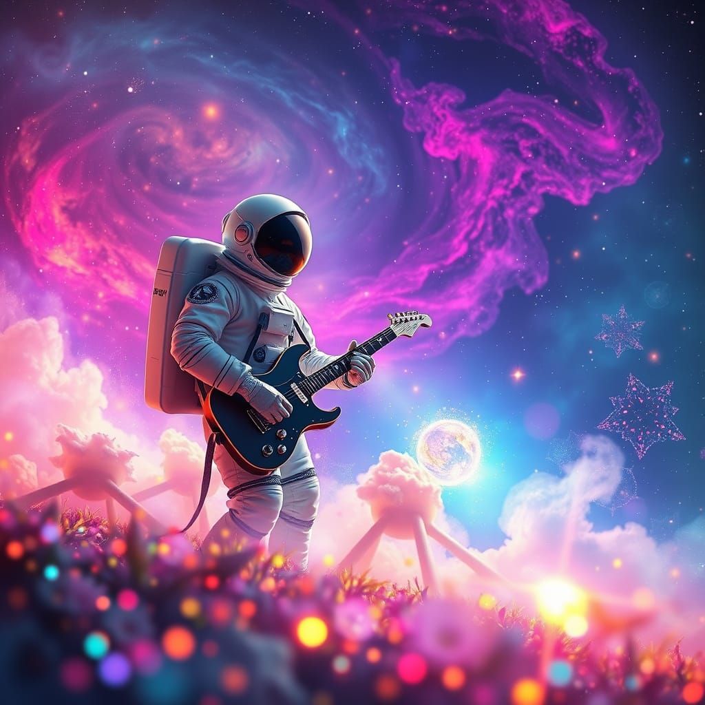 Astronaut Playing Guitar in Cosmic Nebula