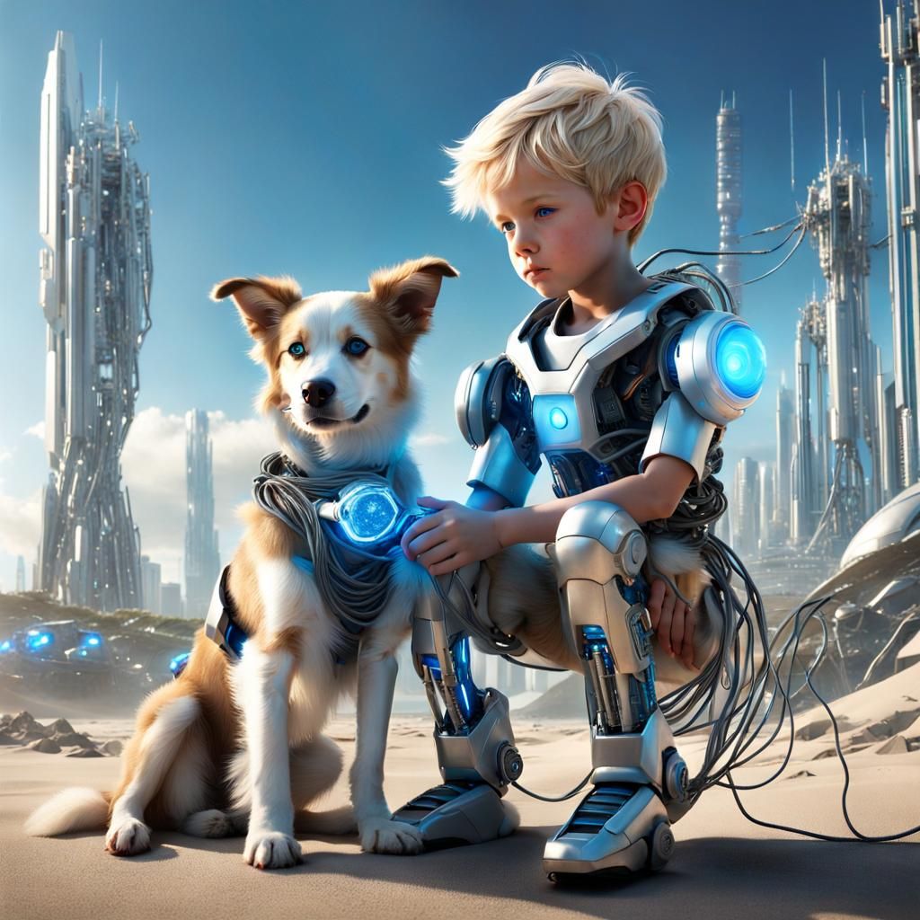 Cyborg Boy and Dog on Beach in Sci-Fi City