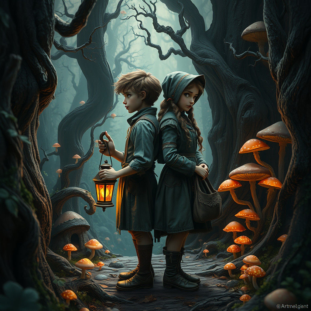 Hansel and Gretel in Dark Fantasy Forest, Matte Painting