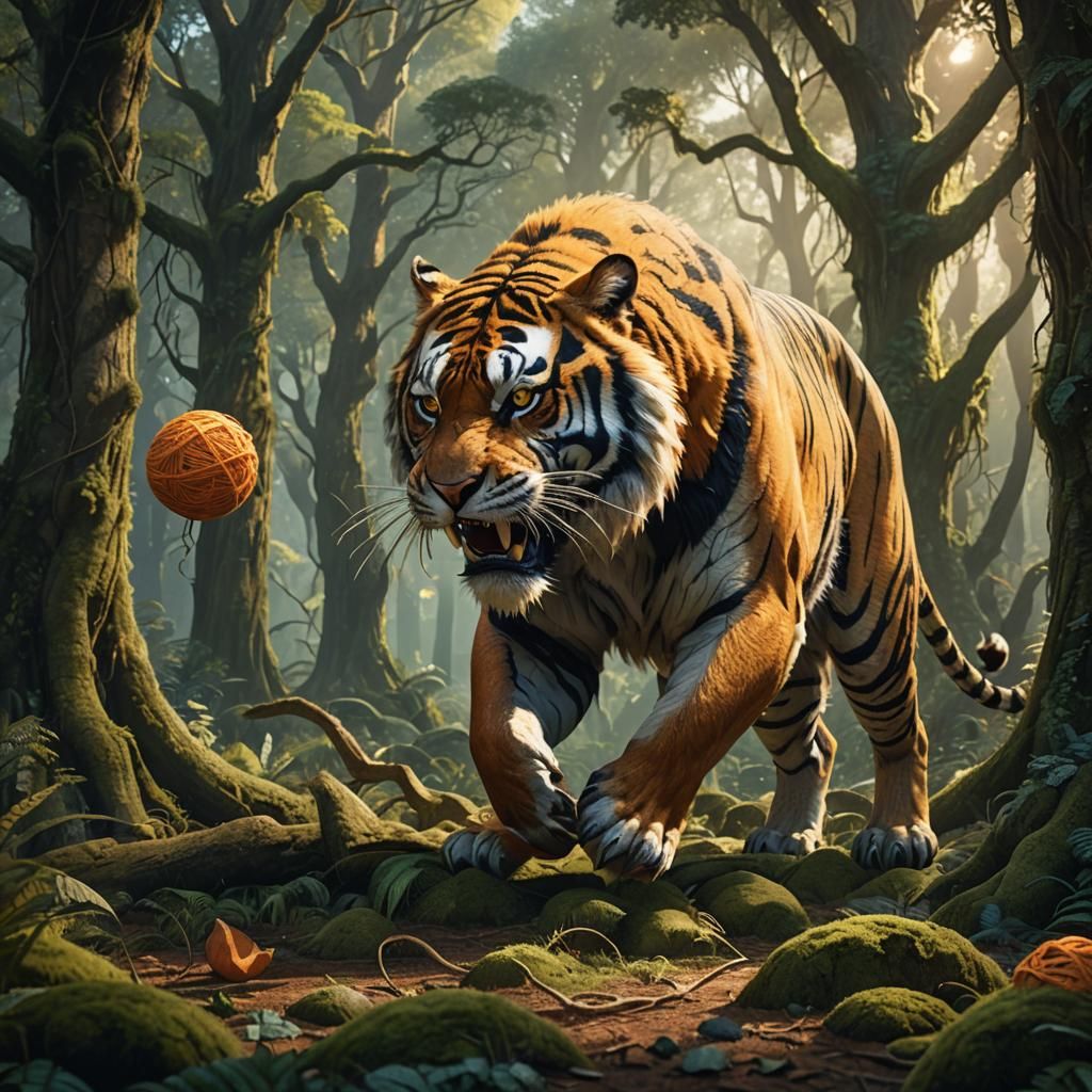 Saber-Toothed Tiger Plays in Prehistoric Forest