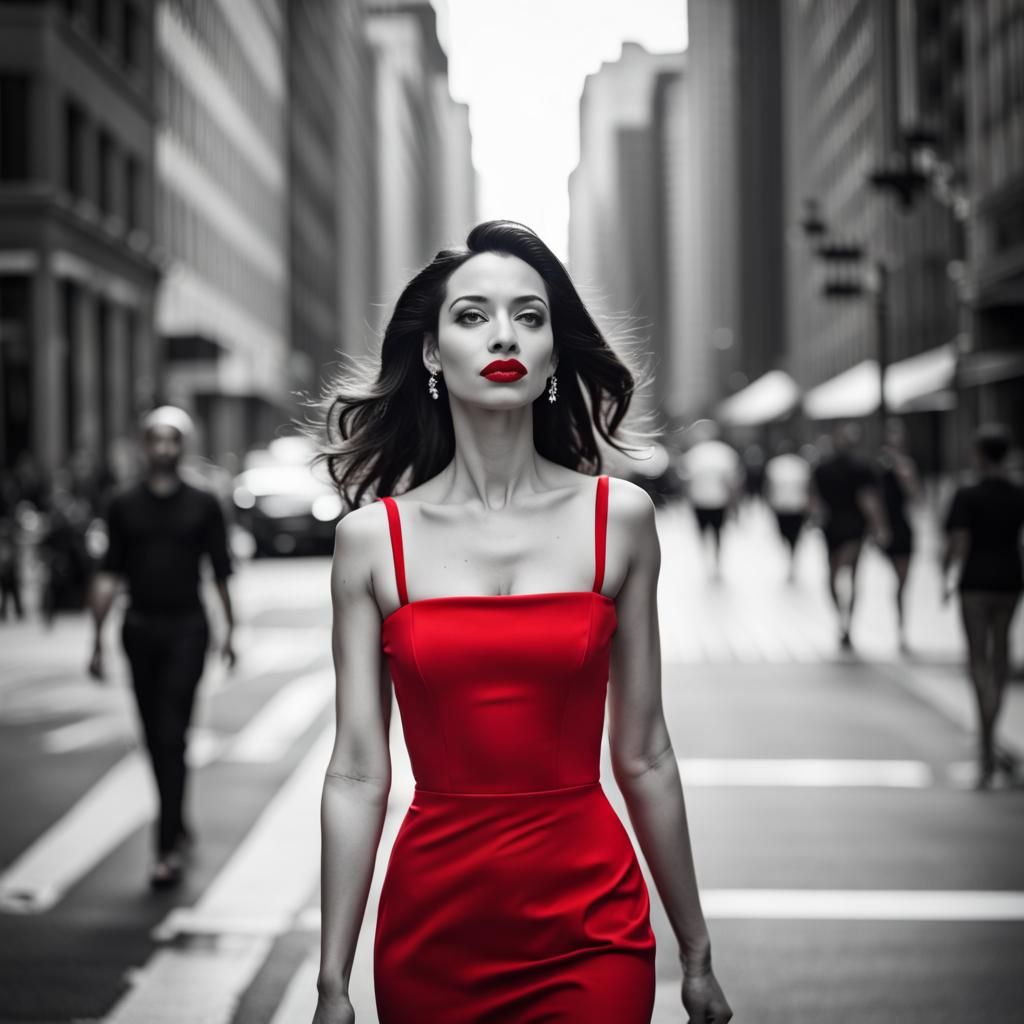 Woman in Red Dress Walks Down City Street