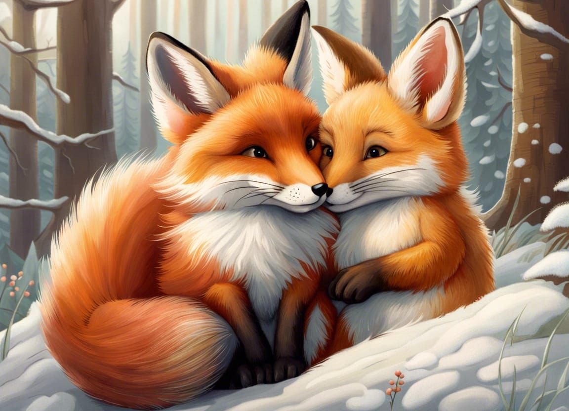 Fox and Bunny Snuggle in Snowy Forest Illustration