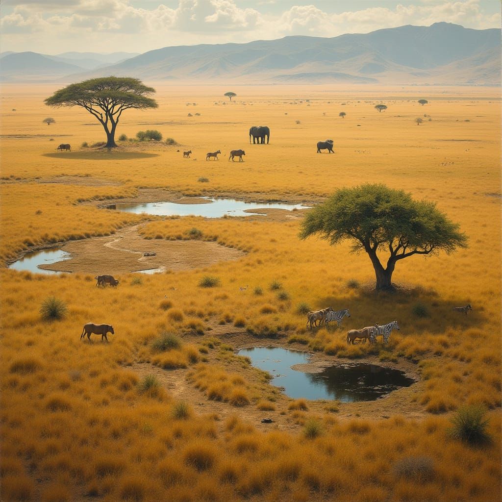 Serengeti Plains Aerial View: African Wildlife Painting