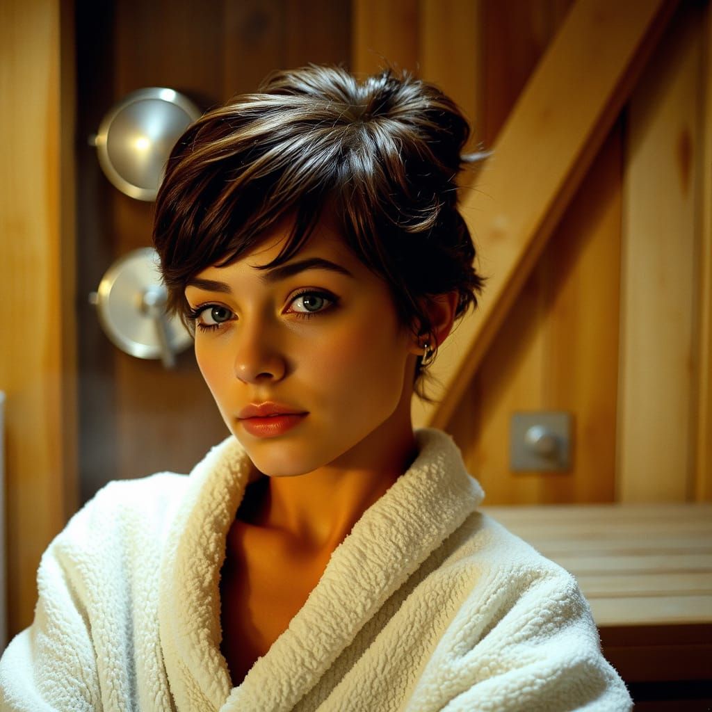 Woman Relaxing in Steamy Sauna Cinematic Film Still