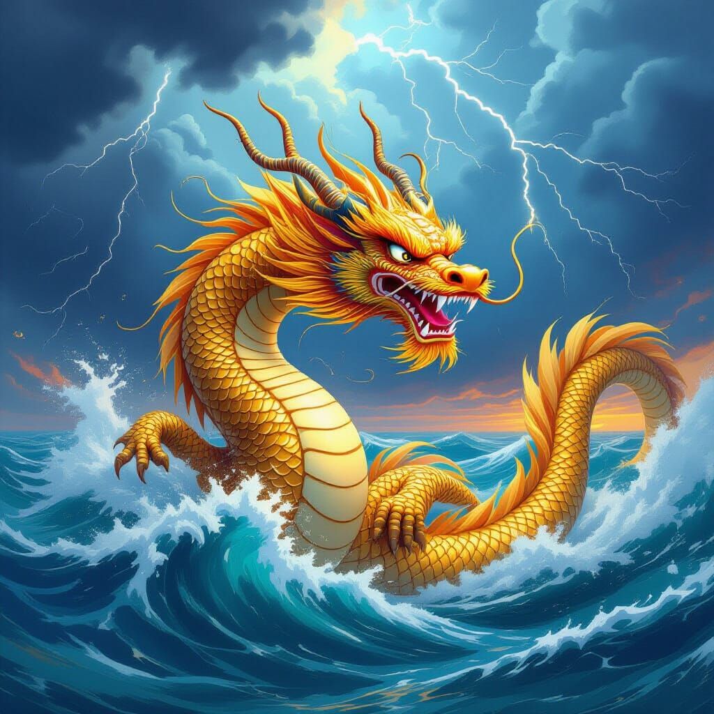 Golden Chinese Dragon Swimming in Stormy Ocean