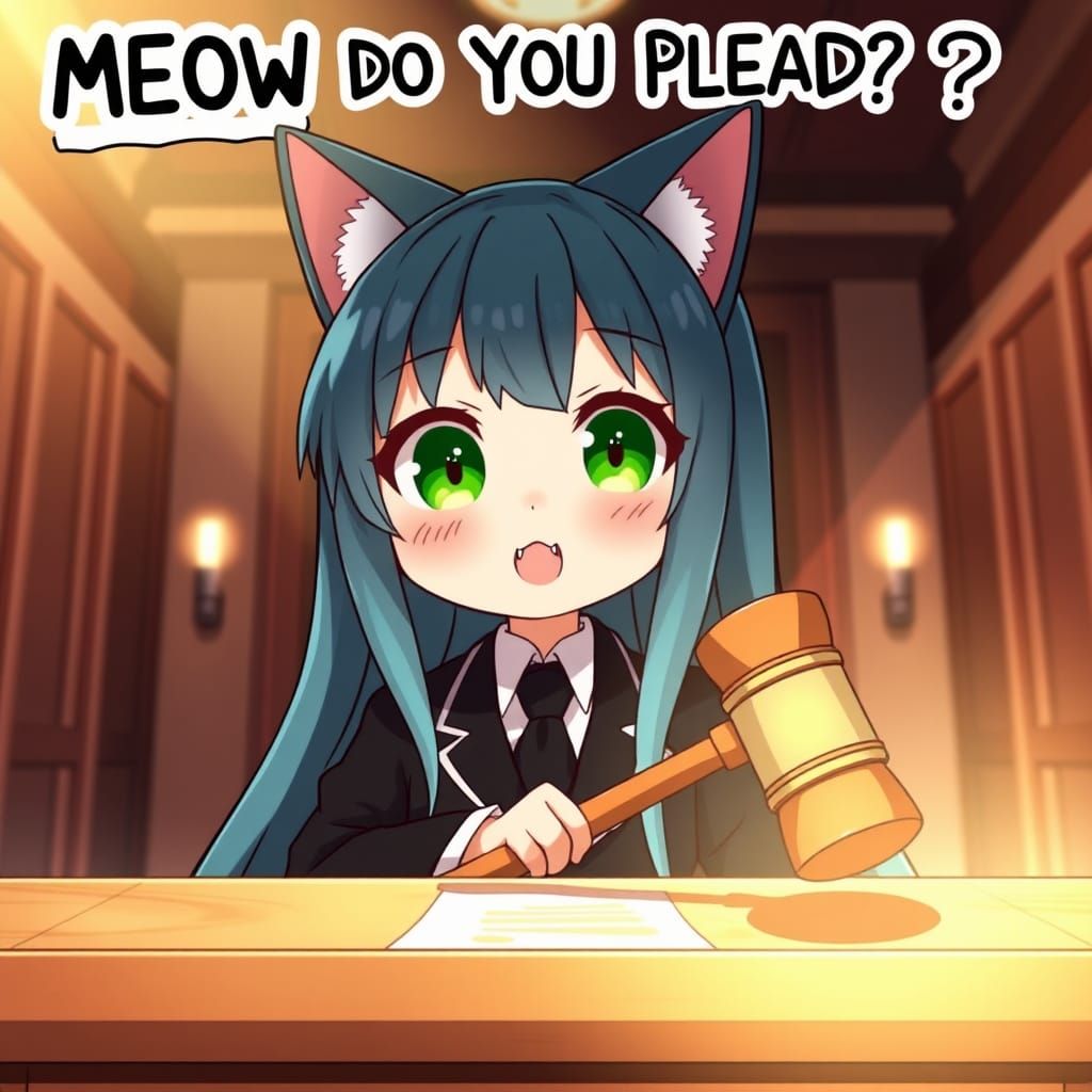 Anime Catgirl Judge in Court with Cyan Hair