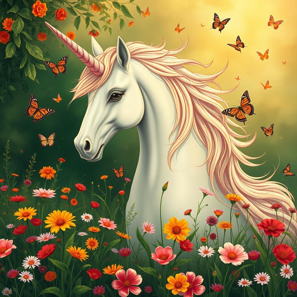 Enchanted Unicorn in Art Nouveau Anime Meadow