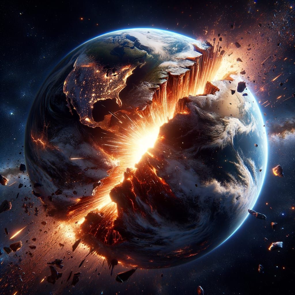 Earth's Cataclysmic Split in Hyper-Realistic Cosmic Chaos