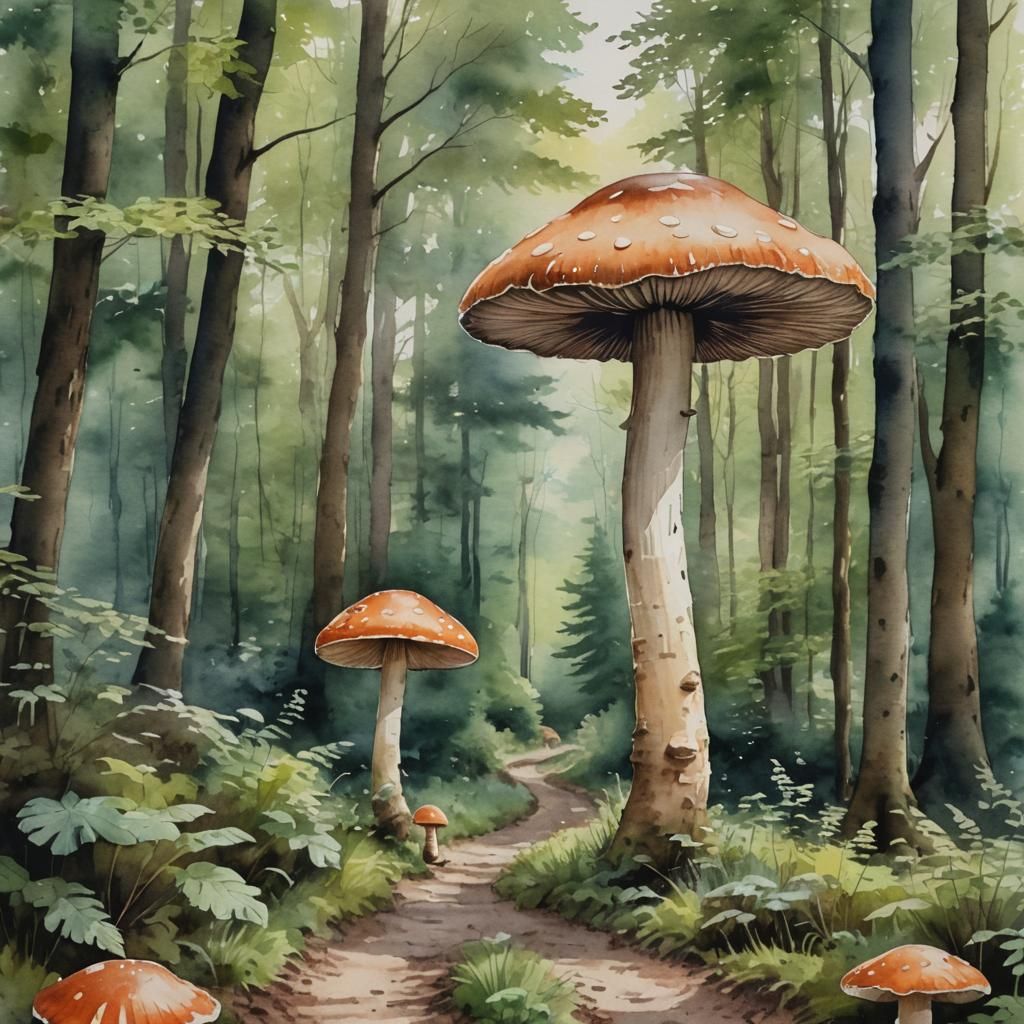 Giant Mushroom Walks in Woods: Watercolor Painting