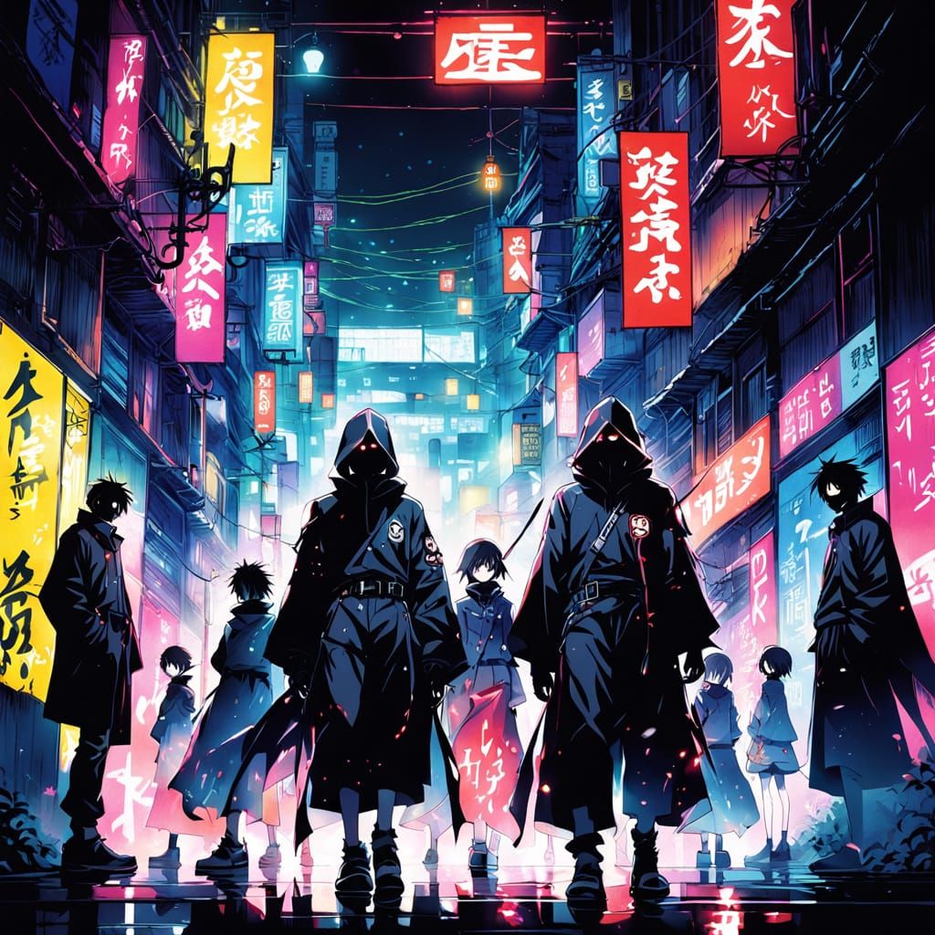 Shadowy Figures in Neon Alleyway