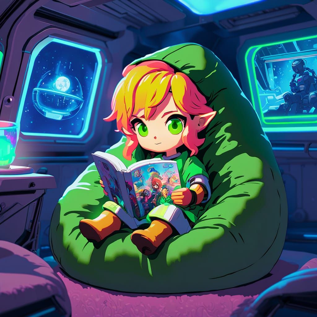 Chibi Link Relaxing in Sci-Fi Cabin Concept Art