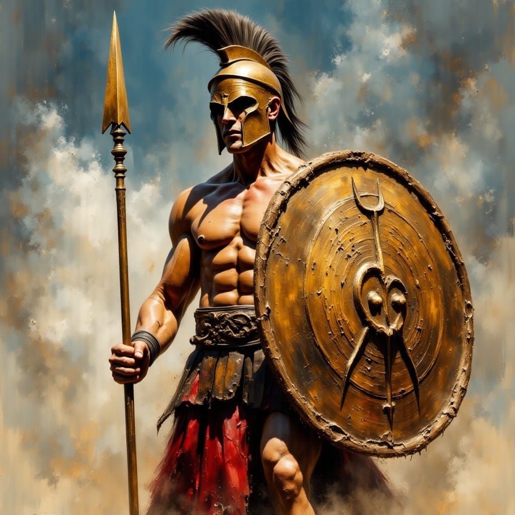 Bronze Warrior Stands Ready with Shield and Spear in Ancient...