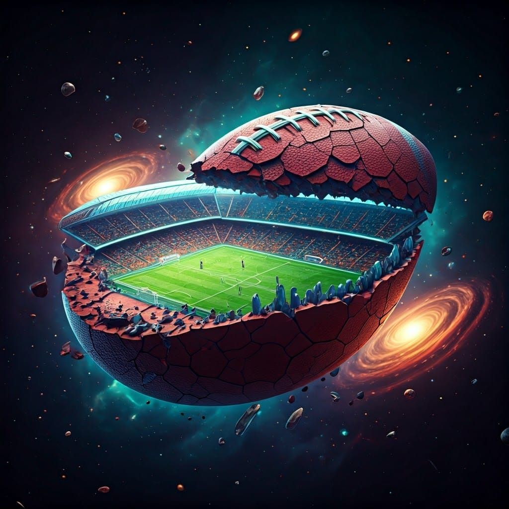 Imagine a colossal football, cracked open and floating in a ...
