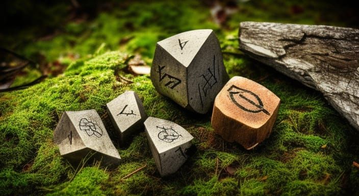 Mystical Rune Stones on Mossy Table Still Life