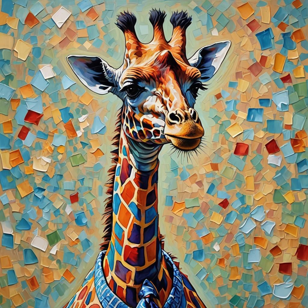 Giraffe in Necktie: Neo-Impressionist Oil Painting