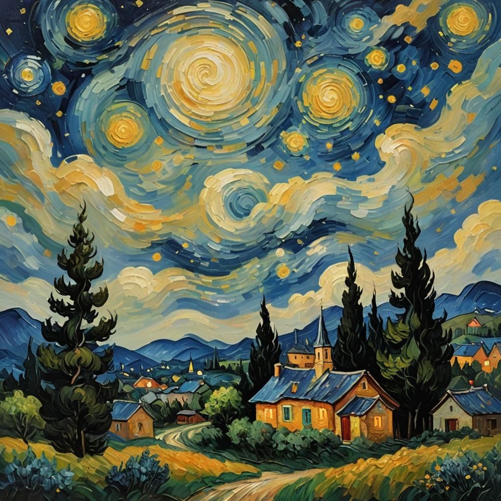 Village Under Starry Night Sky as Impasto Painting