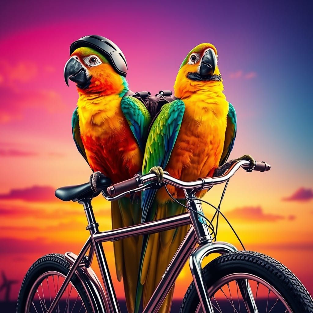 Vibrant Parrots Ride Chrome Bicycle in Tropical Sunset Hues