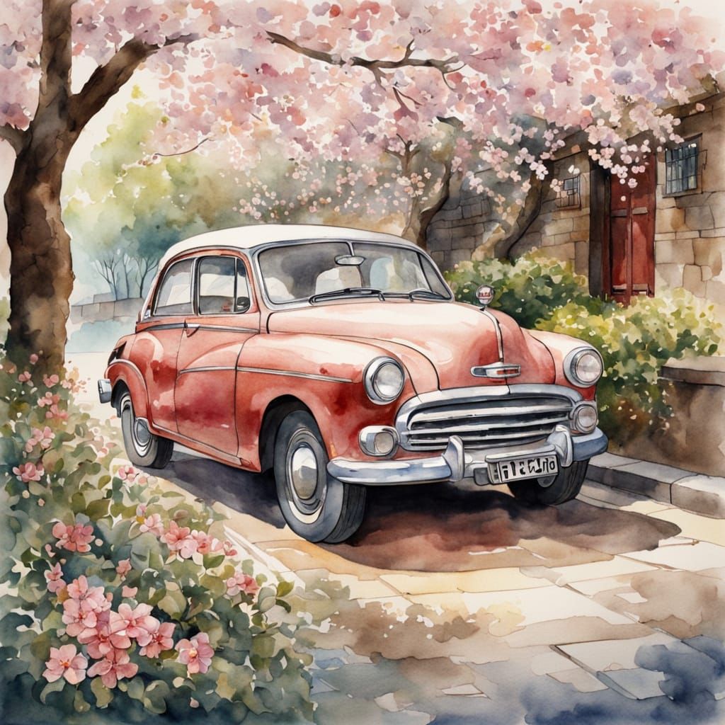 Whimsical Watercolor Carriage in Cherry Blossom Tunnel