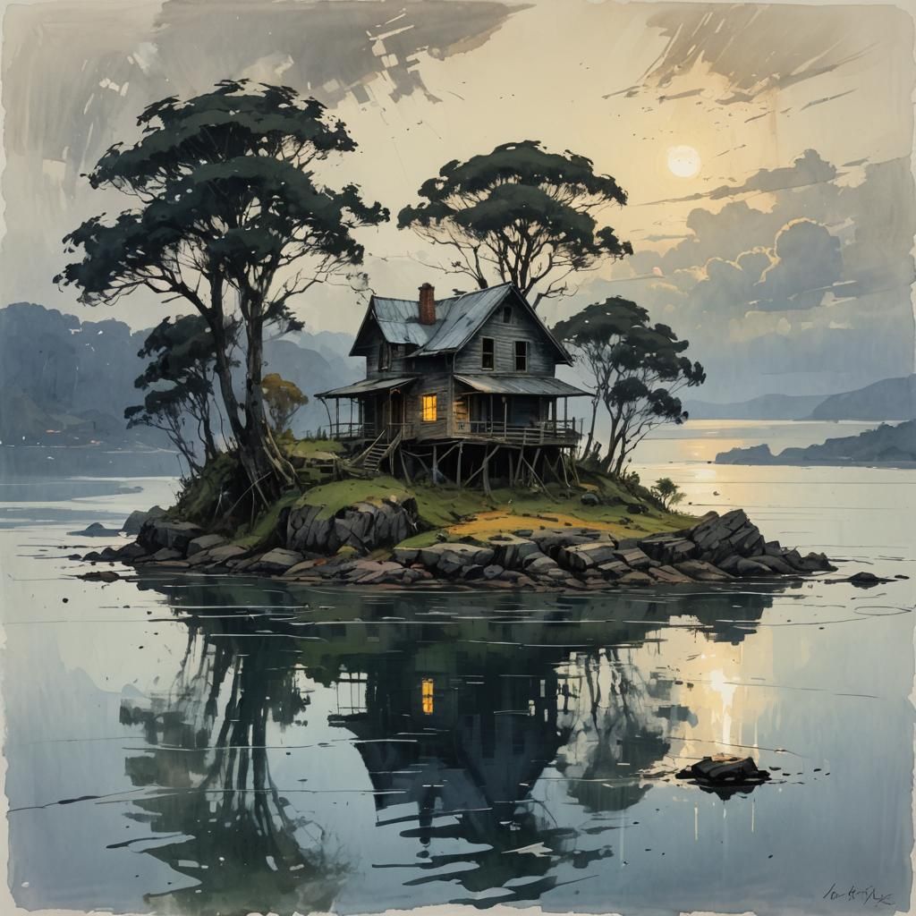 Island House in Tonalist Ink Drawing Style