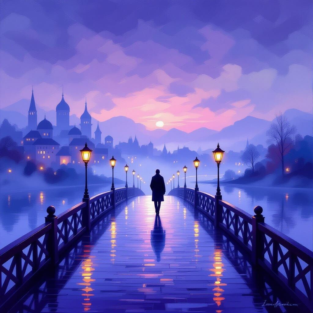 Figure on a Magical Bridge at Twilight in Impressionist Styl...