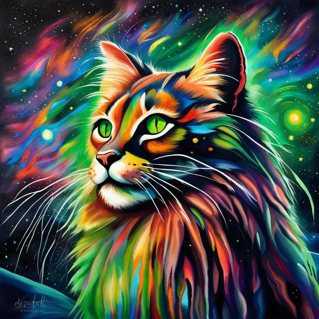 Colorful Whimsical Cat with Galactic Background