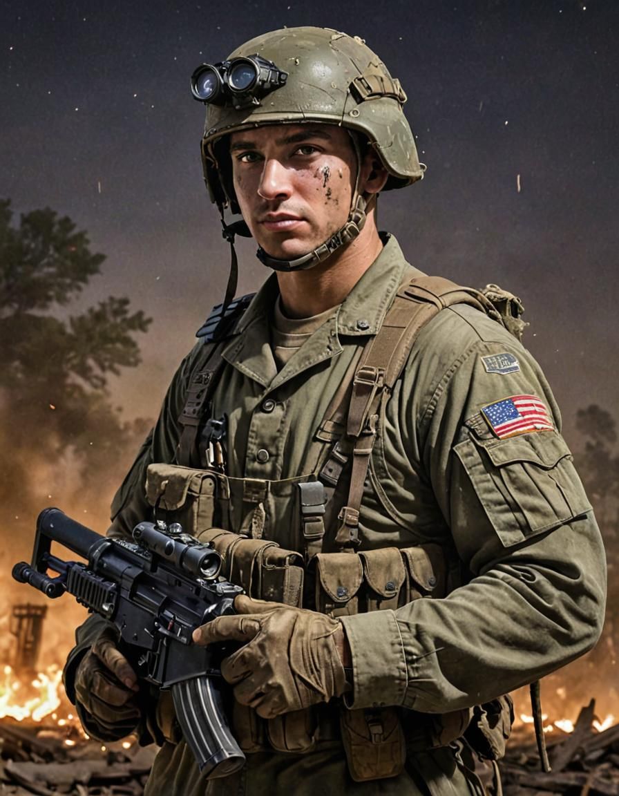 Modern Soldier in WWII Battlefield, Comic Book Art