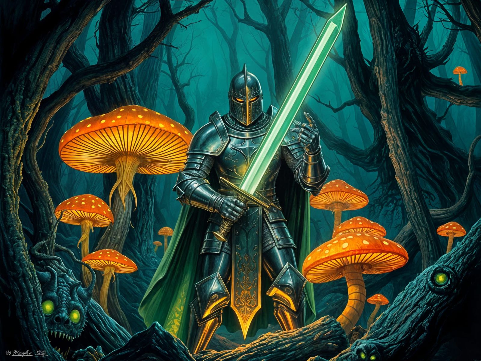 Brave Knight in Luminous Forest, Fantasy Painting
