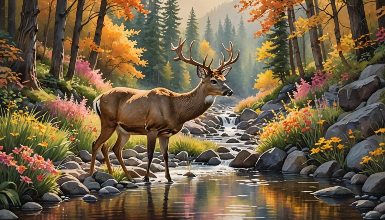 Deer at Mountain Stream in Watercolor Style