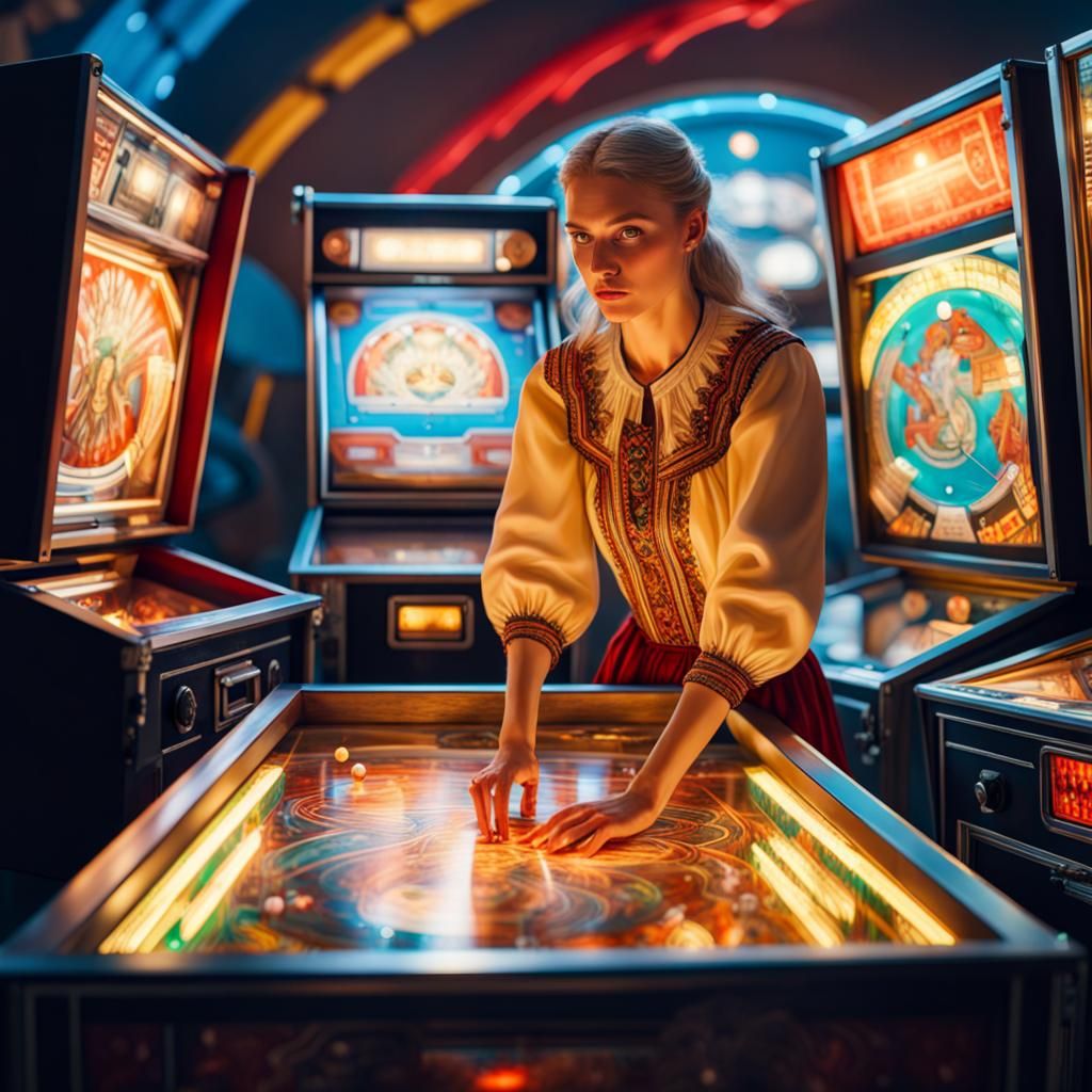 Lithuanian Woman Plays Pinball in Hyperrealistic Style