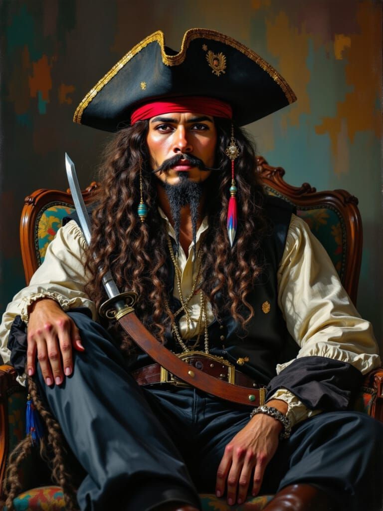 Blackbeard Portrait with Cutlass on Velvet Chair