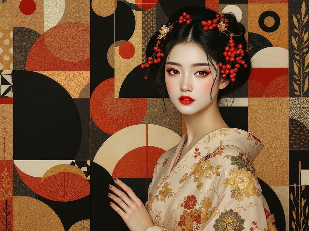 Elegant Eastern European Woman in Red-Hued Cubist Tapestry