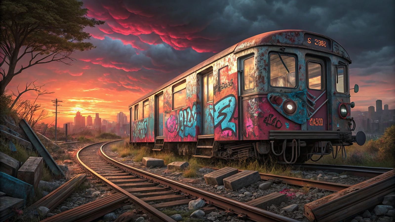Graffiti-Covered Subway Car at Sunset