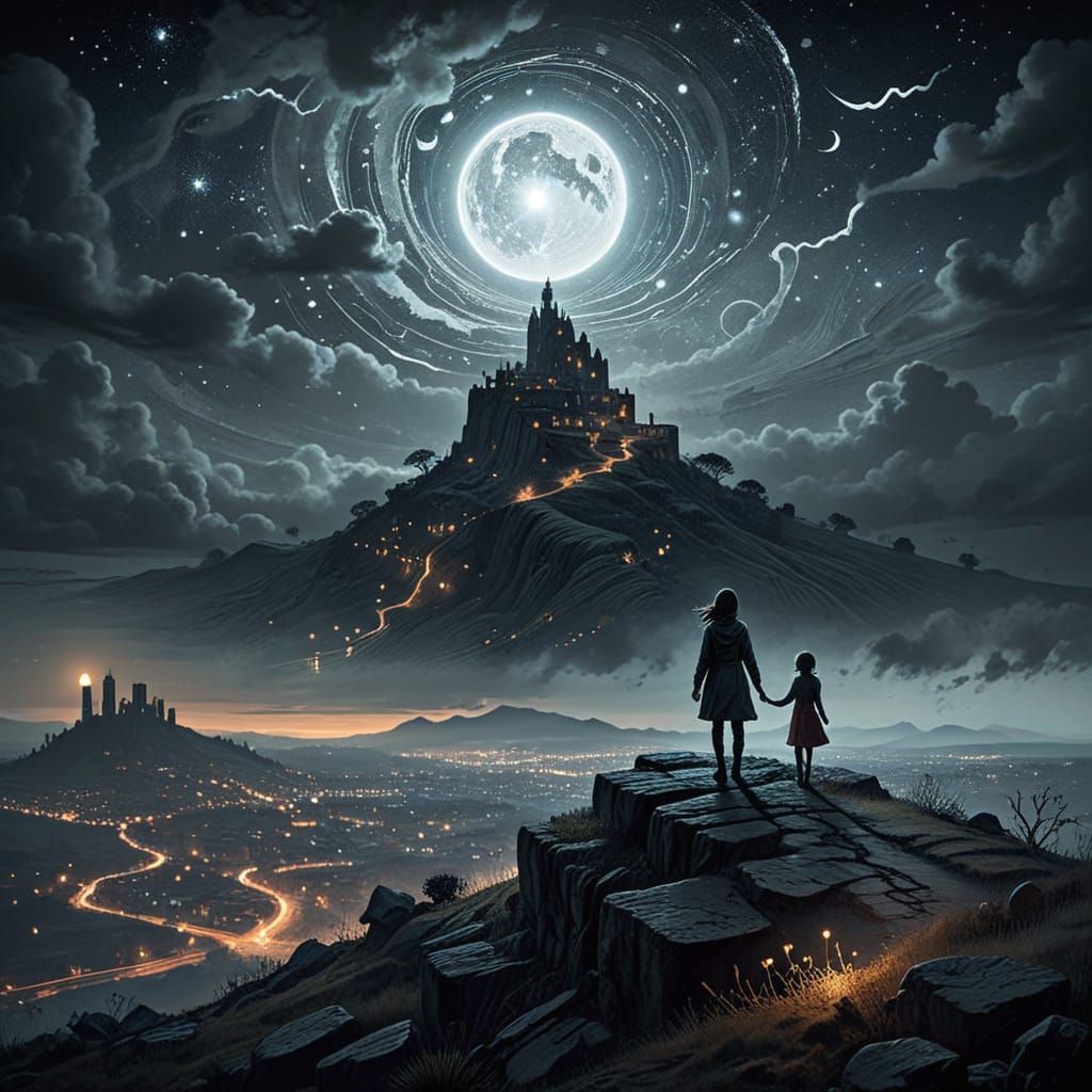 Windswept Figure Gazing at Cosmic City, Aquatint Drawing