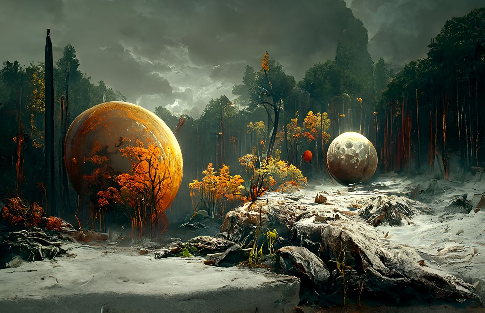 Mystical Alien Moonrise Over Forest: Fantasy Concept Art