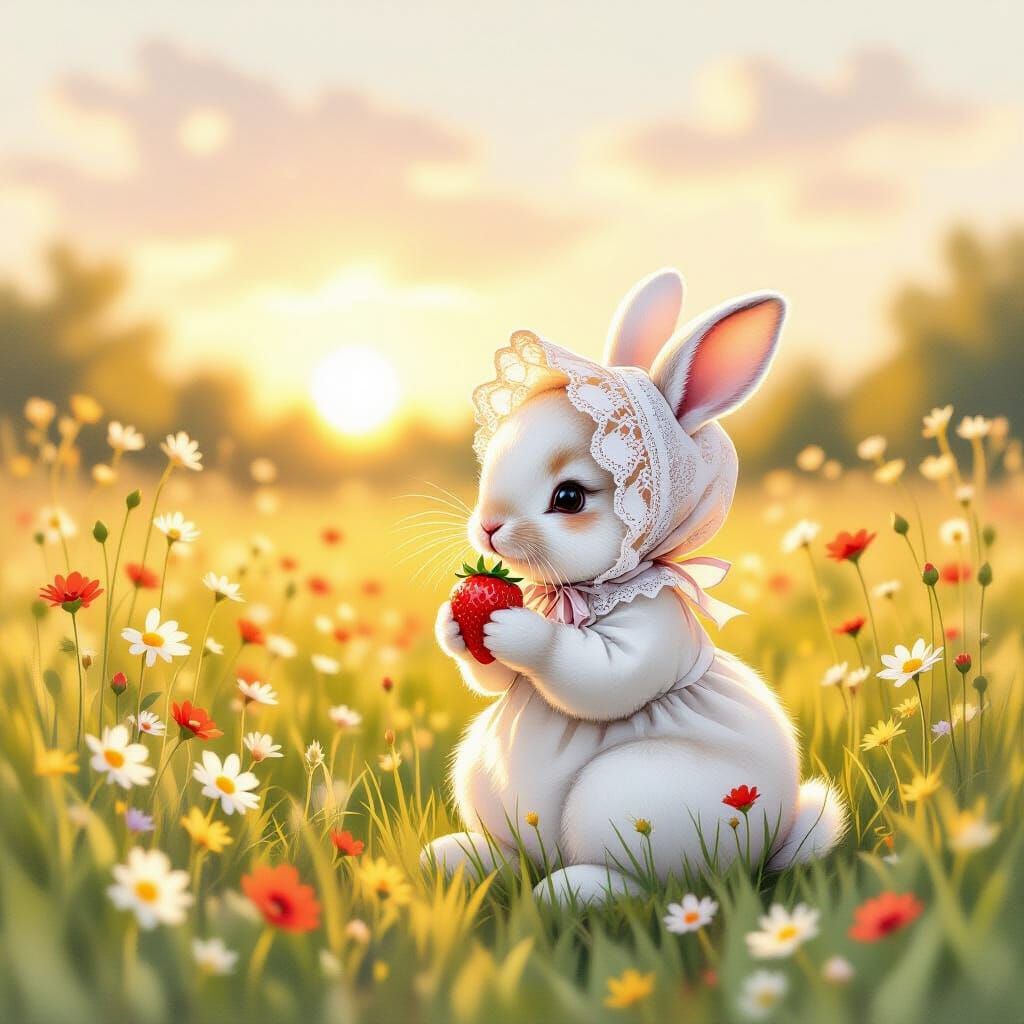 Fluffy Bunny in Meadow at Sunset, Watercolor Style