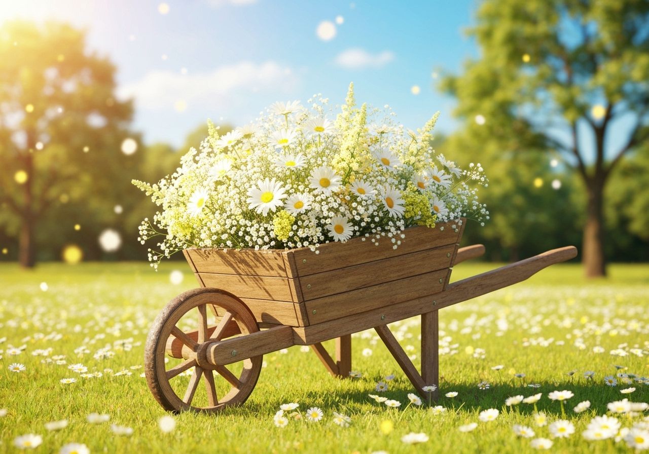 Wheelbarrow Overflowing with White and Yellow Flowers
