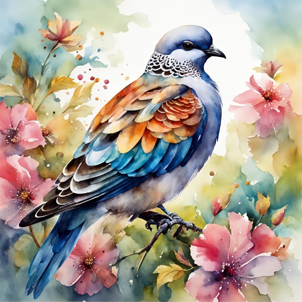 Watercolor Turtledove in Vibrant Colorful Splendor