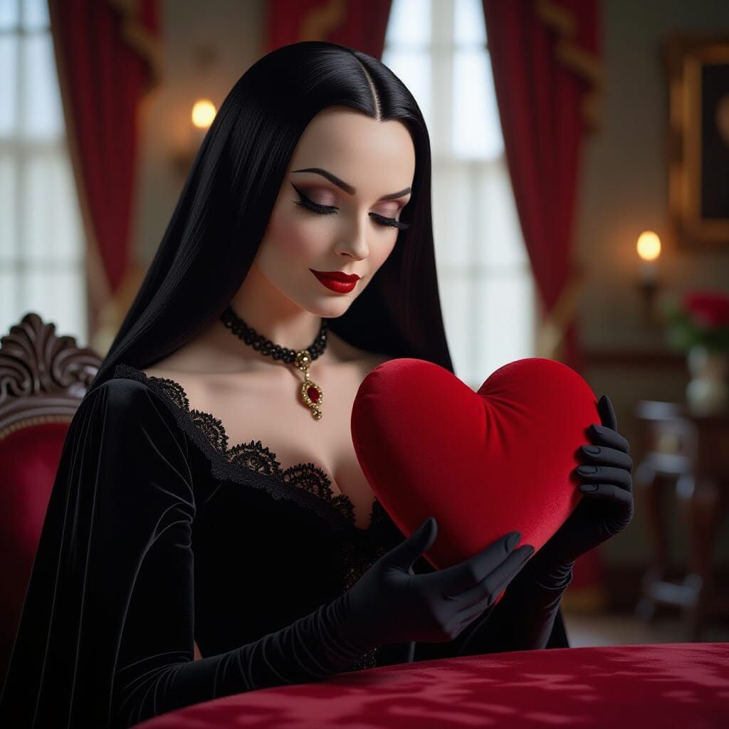 Morticia Addams Holding a Valentine's Heart in Dark Romance