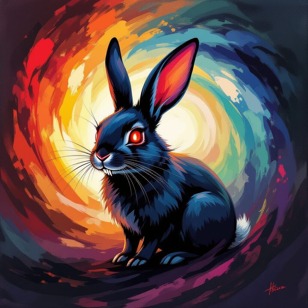 Vampire Rabbit in Abstract Vortex with Bold Colors